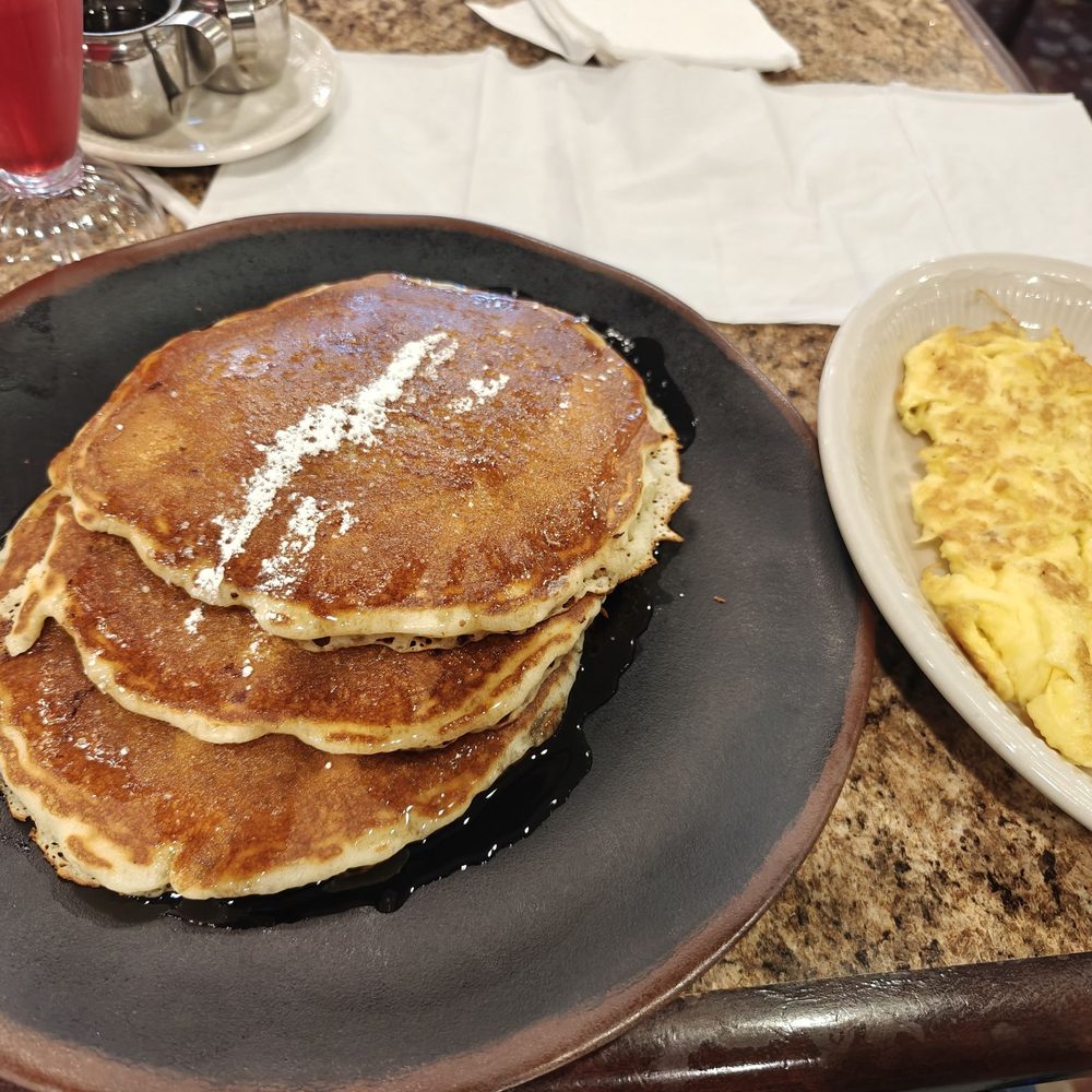 Pancakes and eggs. Pancakes and eggs.
