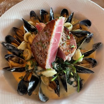 Blue - Seared Tuna Florentina with clams spinach and white wine sauce - Mediterranean Near Me - Staten Island, New York Blue - Seared Tuna Florentina with clams spinach and white wine sauce - Mediterranean Near Me - Staten Island, New York