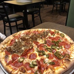 Half Chelsea half double-pepperoni single-jalapenos. Half Chelsea half double-pepperoni single-jalapenos.