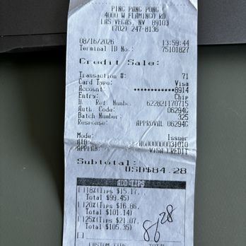 Ping Pang Pong - Receipt showing total $86.28 - Dim Sum Near Me - Las Vegas, Nevada Ping Pang Pong - Receipt showing total $86.28 - Dim Sum Near Me - Las Vegas, Nevada