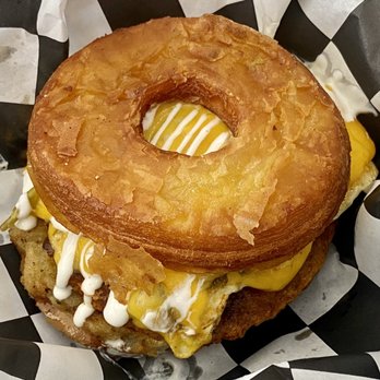 Outcast Doughnuts - Excellent Chorizo breakfast sandwich between an oily cronut. - Donuts Near Me - Mesa, Arizona Outcast Doughnuts - Excellent Chorizo breakfast sandwich between an oily cronut. - Donuts Near Me - Mesa, Arizona
