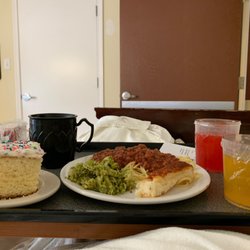 Spring Creek Healthcare Center - Does this look like a healthy meal for a diabetic? Two kinds of sugared fruit juice, pasta, bread, and cake?
