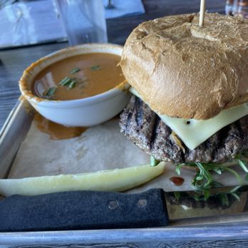 Collision Brewing Company - Mushroom Swiss burger and side of tomato soup. - Brewpubs Near Me - Longmont, Colorado Collision Brewing Company - Mushroom Swiss burger and side of tomato soup. - Brewpubs Near Me - Longmont, Colorado