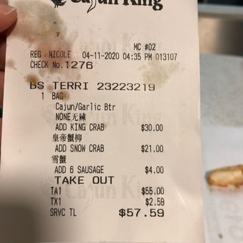 Cajun King Aiea - Itemized receipt showing what I paid for. - Seafood Near Me - Aiea, Hawaii