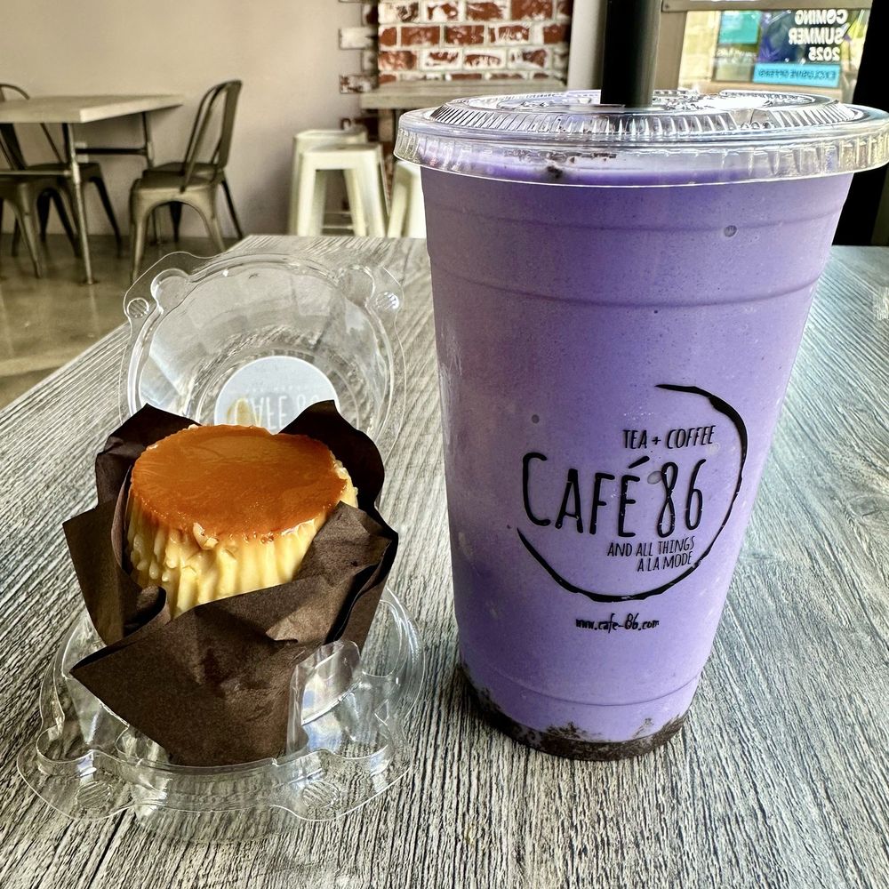 Cafe 86 - Ube Leche Flan Cupcake and my ol'time fave Ube Monster with Almond Milk...yum! - Desserts Near Me - Tustin, California