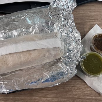 Peak Burger - Neatly wrapped burrito and two salsas - Fast Food Near Me - La Mirada, California