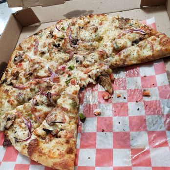 Pizza Palace California Style - Chicken combo: chicken, mushroom, green and red peppers, tomatoes. I swapped out the red sauce for their garlicky white sauce. DELICIOUS!!! - Pizza Near Me - Indianapolis, Indiana