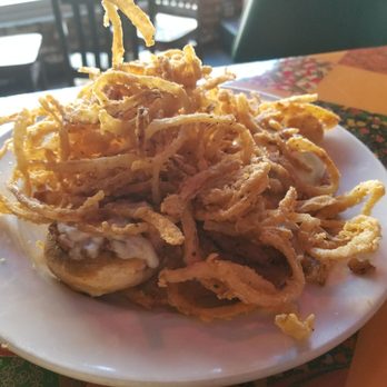 Pick Me Up Cafe - Magic cups- stuffed mushrooms and home made onion rings, great epptizer. - New American Near Me - Chicago, Illinois Pick Me Up Cafe - Magic cups- stuffed mushrooms and home made onion rings, great epptizer. - New American Near Me - Chicago, Illinois