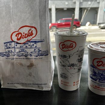 Dick's Drive-In - This photo doesn't do the drink and shake justice. That's supposed to be a "large" drink and "regular" shake - Burgers Near Me - Seattle, Washington