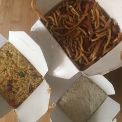 Panda House - Quart of Roast Pork Lo Mein, Pint of Roast Pork Fried Rice, and small serving of white rice.
