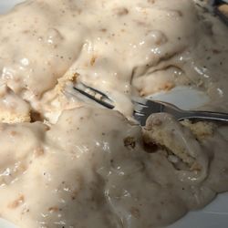 Grind + Grape - Microwaved biscuits and gravy.
