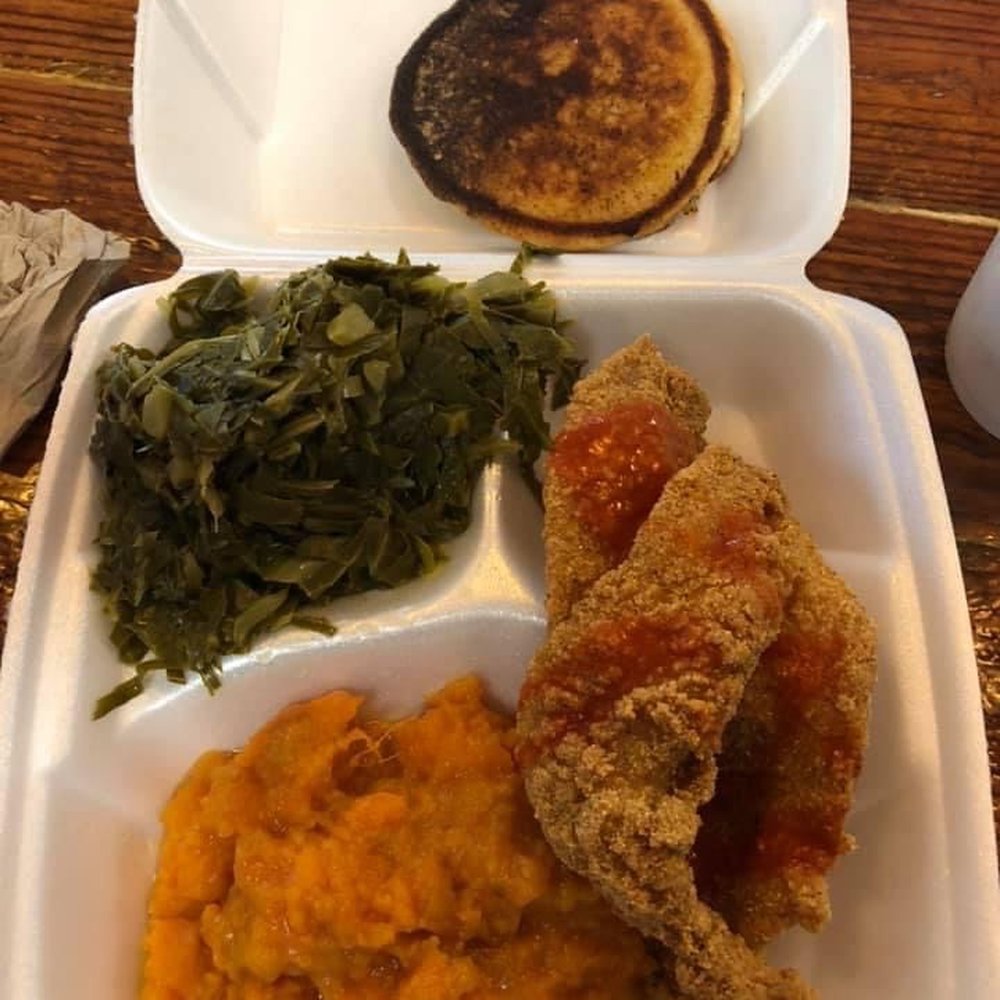 Earley's Kitchen - Catfish, sweet potatoes, collard greens and Ho cake. - Southern Near Me - Tallahassee, Florida Earley's Kitchen - Catfish, sweet potatoes, collard greens and Ho cake. - Southern Near Me - Tallahassee, Florida