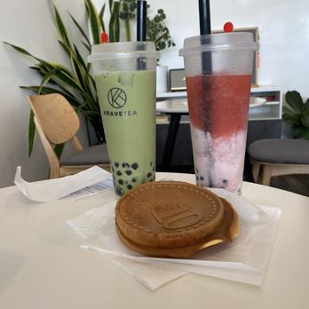 Krave Tea - Matcha chai boba, strawberry and creme boba, and cheese coin - Bubble Tea Near Me - Winter Park, Florida