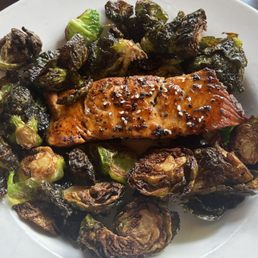 Wolfie's Grill: salmon and Brussels sprouts doubled instead of adding a 2nd side - perfect Mediterranean diet meal Wolfie's Grill: salmon and Brussels sprouts doubled instead of adding a 2nd side - perfect Mediterranean diet meal