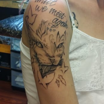 Rebel Ink Studio - Cat with feathers and butterflies with my mother's death date on it. Love it! By Jordan - Tattoo Near Me - Goodyear, Arizona