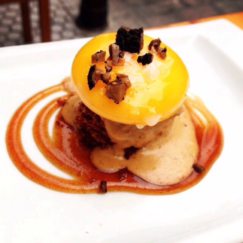 Eslava - Polenta cake with a soft boiled egg - Tapas Bars Near Me - Seville, SE Eslava - Polenta cake with a soft boiled egg - Tapas Bars Near Me - Seville, SE