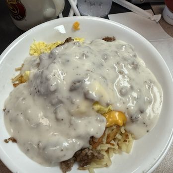 Waffle House - Big ol' cheesy scramble with country gravy - Diners Near Me - Knoxville, Tennessee Waffle House - Big ol' cheesy scramble with country gravy - Diners Near Me - Knoxville, Tennessee