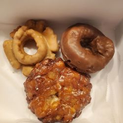 Ray's Donuts - Maple cruller, chocolate iced chocolate and apple fritter