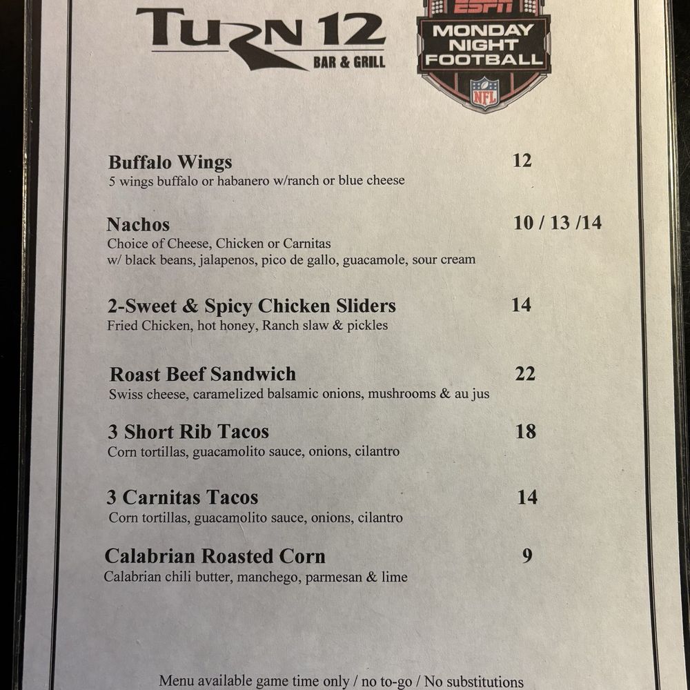Turn 12 - Monday Night Football menu (available game time only) - American Near Me - Monterey, California Turn 12 - Monday Night Football menu (available game time only) - American Near Me - Monterey, California