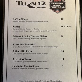 Turn 12 - Monday Night Football menu (available game time only) - American Near Me - Monterey, California Turn 12 - Monday Night Football menu (available game time only) - American Near Me - Monterey, California