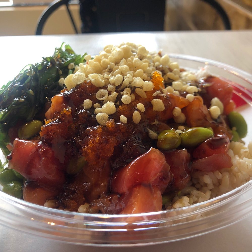 Kokoroll Cafe - Salmon x2 and tuna on brown rice and crab meat topped with tempura flakes = heavenly lunch! - Poke Near Me - Burbank, California Kokoroll Cafe - Salmon x2 and tuna on brown rice and crab meat topped with tempura flakes = heavenly lunch! - Poke Near Me - Burbank, California