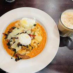 Childers Eatery - Scrimp and grids with poached eggs and a nice hot pumpkin spice latte