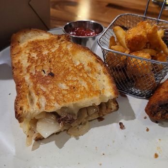 The Grove - The  Grove's take on the patty melt with sweet potato tots and fries. - New American Near Me - DeKalb, Illinois