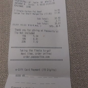 Pappasito's Cantina - Receipt for Pappasito's - Mexican Near Me - San Antonio, Texas