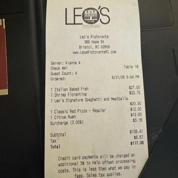 Leo's Ristorante - Bill with 3% credit card fee - Pizza Near Me - Bristol, Rhode Island