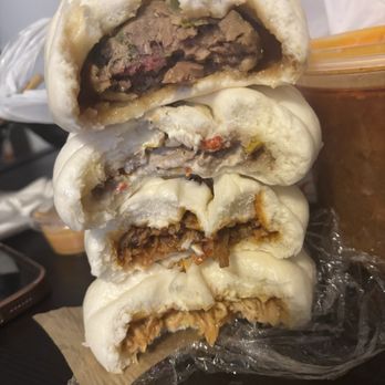 Mama Angie’s Steam Bun - Top to bottom: regular, steak and cheese, BBQ pork and habernero chicken. - Mexican Near Me - Lowell, Massachusetts