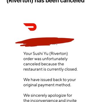 Sushi Yu - Canceled door dash order - Sushi Bars Near Me - Riverton, Utah Sushi Yu - Canceled door dash order - Sushi Bars Near Me - Riverton, Utah