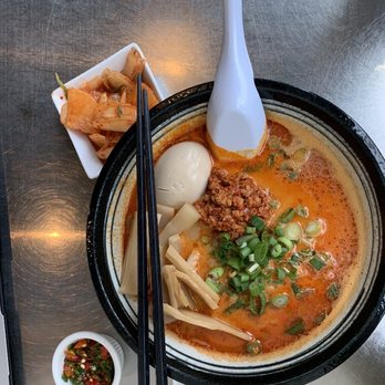 Ramen Kazama - Side of egg, kimchi and bamboo in a spicy pork miso soup (contains fish) as well as Pork belly Oni Giri - Ramen Near Me - Minneapolis, Minnesota
