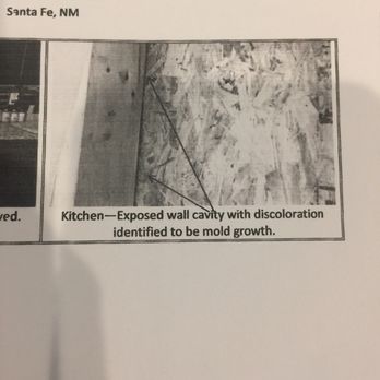SaniCare - The image shows a section of a kitchen wall cavity with visible discoloration, which has been identified as mold growth. The wall cavity appears to be exposed, revealing the interior structure and signs of deterioration. The photo is part of a property inspection report, documenting issues related to mold in the kitchen area. - Carpet Cleaning Near Me - Albuquerque, New Mexico