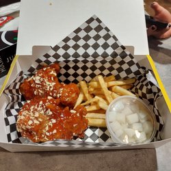 K-Monster Chicken - Chicken thigh (Korean sweet & spicy sauce + almonds) lunch combo with fries.