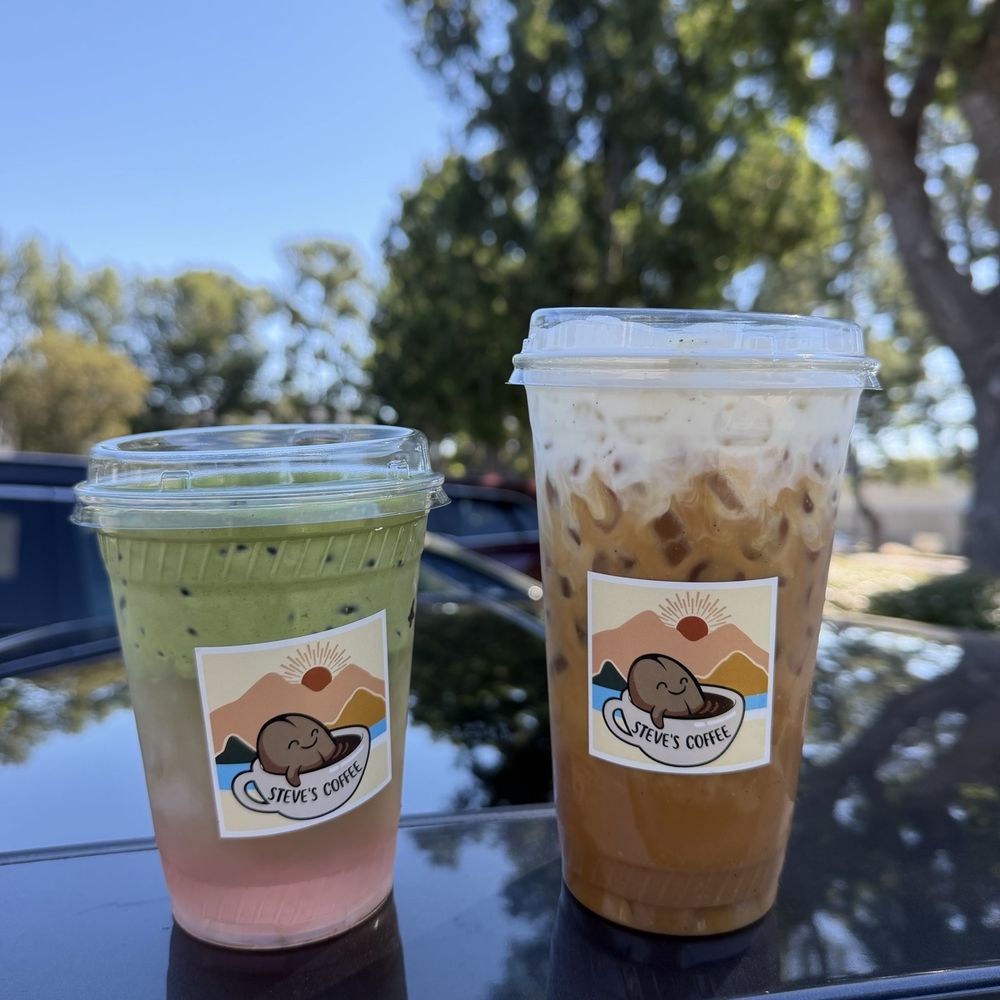 Steve's Coffee - left: coconut matcha right: lavendar coffee with cold foam - Coffee & Tea Near Me - Rancho Cucamonga, California Steve's Coffee - left: coconut matcha right: lavendar coffee with cold foam - Coffee & Tea Near Me - Rancho Cucamonga, California