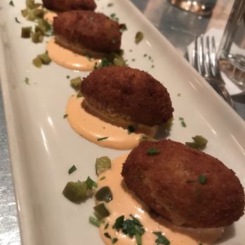 La Bodega - Croquetas de Pollo - roasted chicken, Manchego cheese, red pepper aioli, and pickled jalapeños  Delicious and yet another great sauce! - Tapas Bars Near Me - Kansas City, Missouri