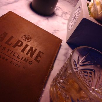 Alpine Distilling Bar - Leather bound menu and rocks glass. - Beer, Wine & Spirits Near Me - Park City, Utah