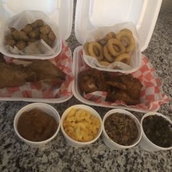 Pluto's Cafe - Pork chops and fried chicken entrees. Okra, onion rings, yams, Mac and cheese, red beans and rice, delicious greens.