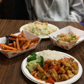 Open Rice Kitchen - Top: salted fish rice? Left: potato fries       right: tofu Bottom: sweet chicken (very good) - Chinese Near Me - Davis, California