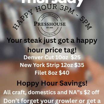 PressHouse - Happy Hour Thursday 3-5pm - American Near Me - Collinsville, Illinois PressHouse - Happy Hour Thursday 3-5pm - American Near Me - Collinsville, Illinois
