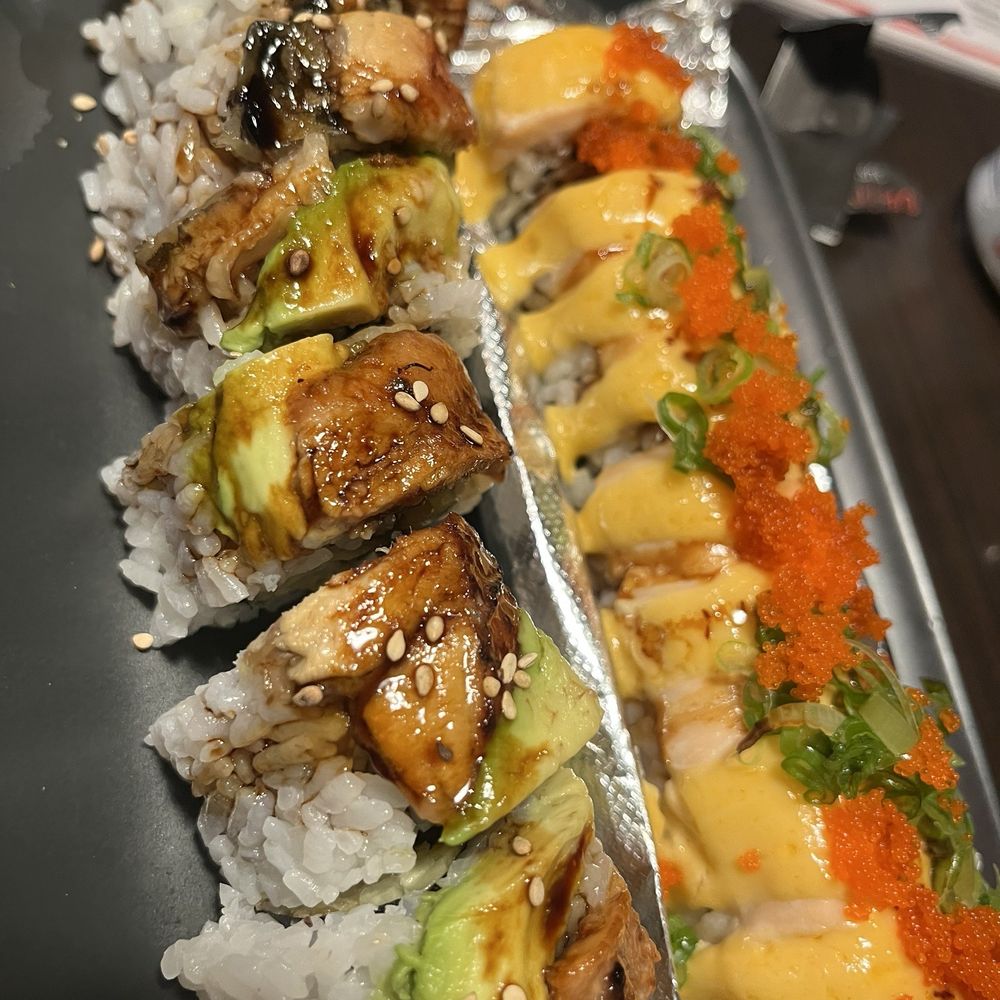 Harajuku Sushi - Left: Dragon roll. Right: Volcano roll - Sushi Bars Near Me - San Francisco, California Harajuku Sushi - Left: Dragon roll. Right: Volcano roll - Sushi Bars Near Me - San Francisco, California