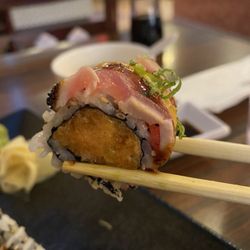 Ginza Sushi & Cajun Seafood - Gagarin Roll $12.95 spicy salmon, crunch, peppered tuna, ponzu sauce