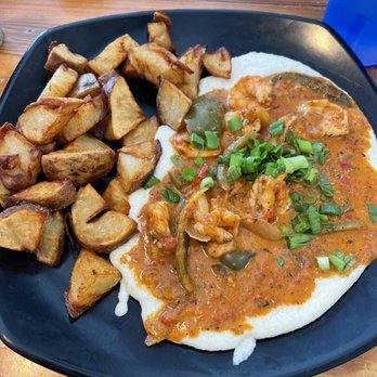 The Blue Hen Cafe - Shrimp and grits with home fries - Southern Near Me - Saint Augustine, Florida