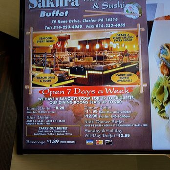 Sakura Buffet - Prices as of 4.27.18 - Buffets Near Me - Clarion, Pennsylvania Sakura Buffet - Prices as of 4.27.18 - Buffets Near Me - Clarion, Pennsylvania