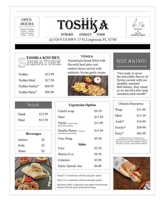 Menu photo 1 Toshka Longwood, FL Menu photo 1 Toshka Longwood, FL