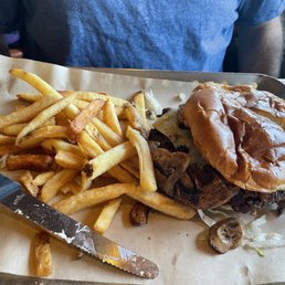 Mushroom Swiss burger with fries Mushroom Swiss burger with fries