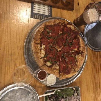 Pinthouse Pizza - Pepperoni and Basil pizza w/ flight of house ale's - Pizza Near Me - Austin, Texas Pinthouse Pizza - Pepperoni and Basil pizza w/ flight of house ale's - Pizza Near Me - Austin, Texas