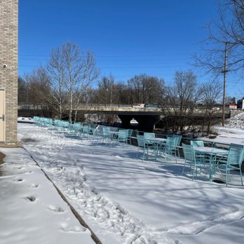 Lucabe Coffee Co - Outside seating area next to Haw Creek - Cafes Near Me - Columbus, Indiana