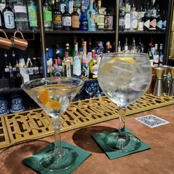 Hemingway - Nikka Coffey Gin Martini (L) anf Levantine Gin Tonic. Well made cocktails.