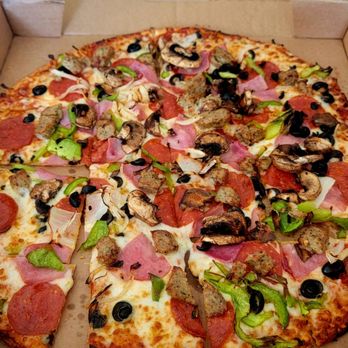 Domino's Pizza - Thin Crust Pepperoni, Italian Sausage, Onions, Ham, Mushrooms, Green Peppers & Black Olives. - Pizza Near Me - Kapolei, Hawaii Domino's Pizza - Thin Crust Pepperoni, Italian Sausage, Onions, Ham, Mushrooms, Green Peppers & Black Olives. - Pizza Near Me - Kapolei, Hawaii